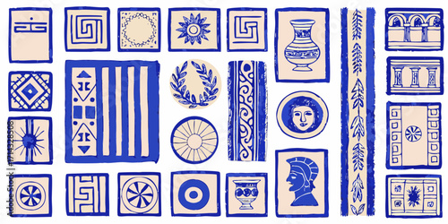 Collection of ancient greek inspired decorative motifs and symbols in blue and beige