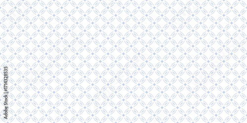 Abstract minimal diamond grid ornament. Vector seamless pattern with floral geometric lattice, small stars, lines, leaves. Simple luxury white and blue background. Royal Eastern style repeated design