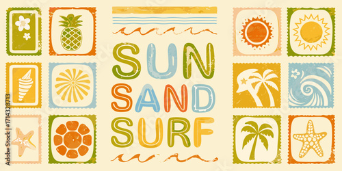 Retro style sun sand surf typography with tropical beach icons and stamps