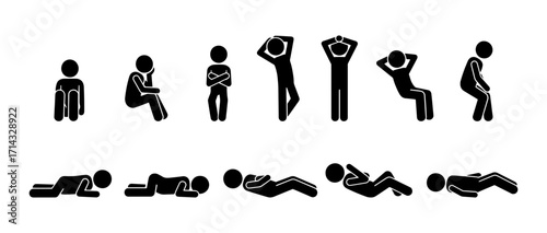 Stickman sleep and relax poses icon set. Vector pictogram of people resting, lying down, sitting, relaxing, sleeping, meditation, fatigue, stress relief, tired person, simple human silhouette.