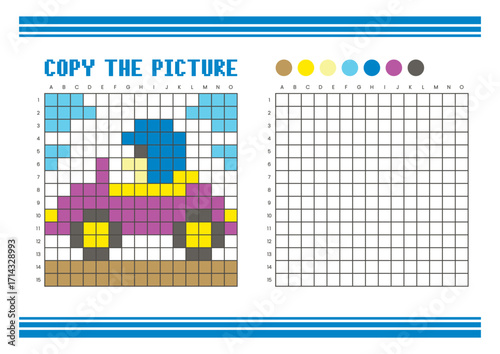 Copy the picture grid drawing worksheet for kids. Pixel art race car with driver