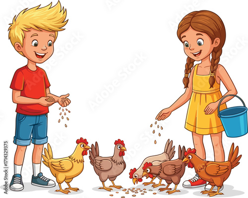 Children feeding chickens on farm, happy kids outdoor activity, rural lifestyle, agriculture learning, animal care, countryside life, childhood responsibility, nature connection