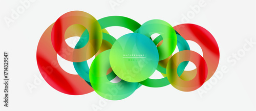 Abstract colorful swirls overlap creating dynamic visual effect. Bright gradients blend smoothly, forming modern design element.