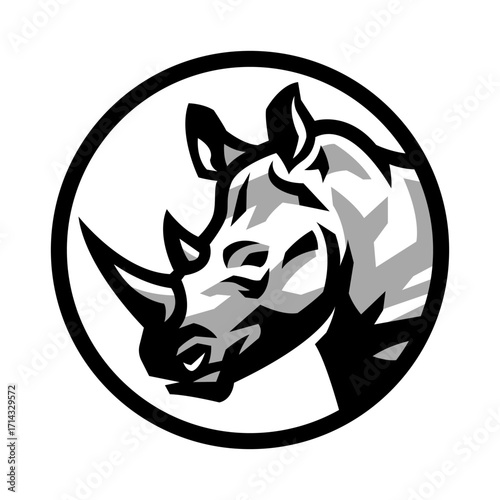 Rhinoceros head. Logo in a round frame.