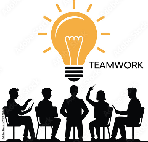 Business team brainstorming with light bulb idea concept. Teamwork discussion and idea generation illustration vector.