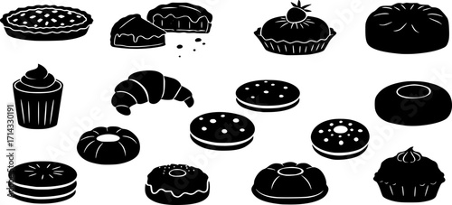 Traditional European and American dessert and popular cake black silhouette icons set on white. Vector stencil clipart, minimalist bakery sign or logo design