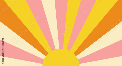 Retro sunburst background with warm yellow, pink, and orange rays creating a vintage 70s summer vibe