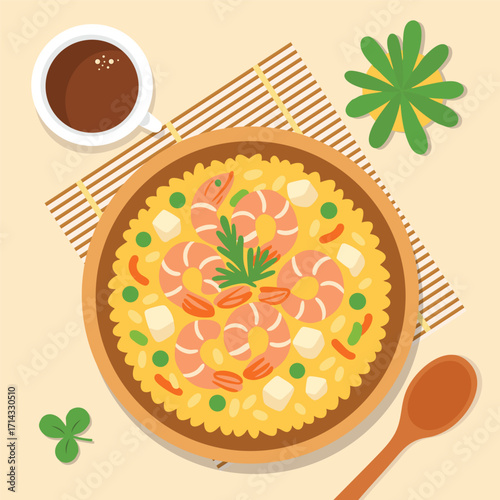 illustration of paella in a round pan featuring a yellow rice base dotted with green peas small orange carrot pieces