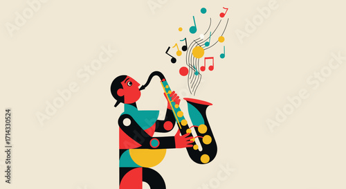 Vibrant geometric art of a jazz saxophonist lost in the melody, with colorful music notes flowing out of the instrument