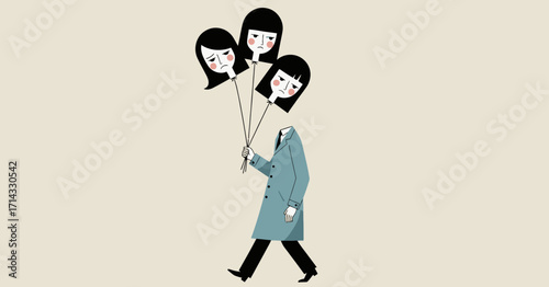 Minimalist vector illustration of a headless figure holding face balloons, symbolizing anonymity, multiple personas, and the search for self