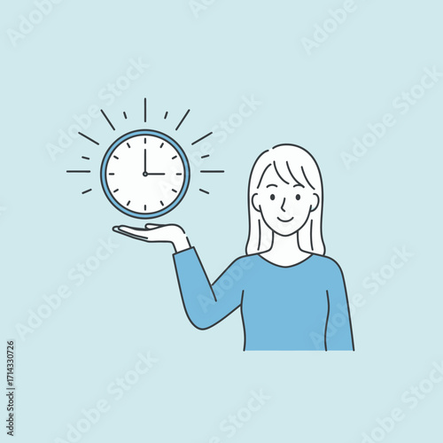 Vector illustration of a smiling woman holding a clock, symbolizing the concept of effective time management, punctuality, and productivity