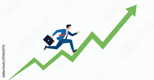 Illustration of an ambitious businessman with a briefcase running up a green growth arrow, symbolizing career success and financial progress