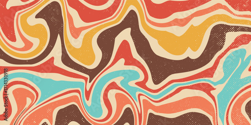 Abstract Retro 70s colorful sun with rays on vintage background. Groovy banner, poster or postcard. Vector illustration.