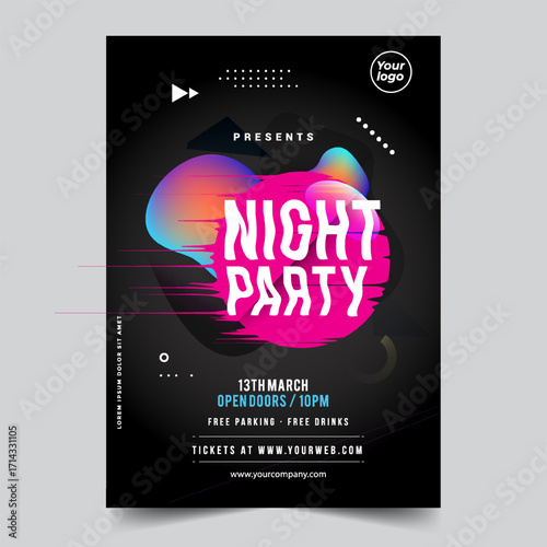 Night dance party music night poster template. Electro style concert disco club party event flyer invitation