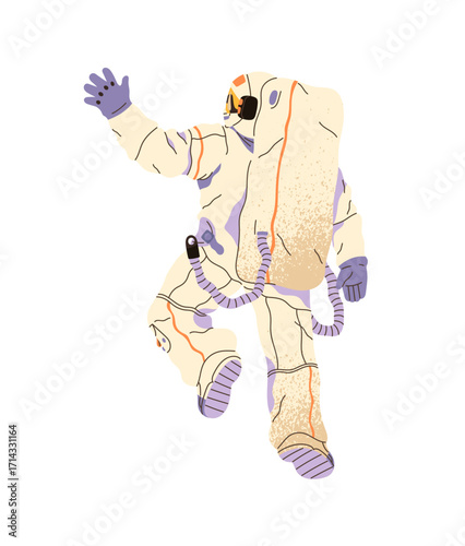 Astronaut in spacesuit is greeting back view. Cosmonaut is flying in outer space. Spaceman is waving hand, soaring in cosmos, spacewalks. Flat isolated vector illustration on white background