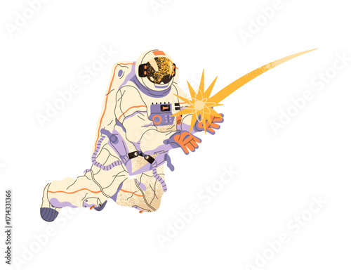 Astronaut catches star in outer, open space. Cosmonaut in spacesuit with spark of innovation. Spaceman is flying, soaring in cosmos, spacewalks. Flat isolated vector illustration on white background