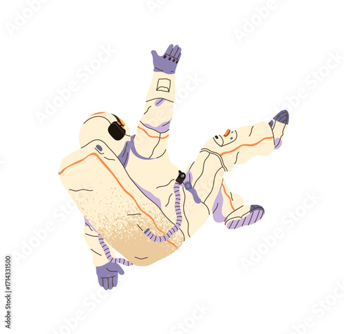 Spaceman is falling down in zero gravity back view. Astronaut in spacesuit is flying in outer space. Cosmonaut in helmet flies in weightlessness. Flat isolated vector illustration on white background