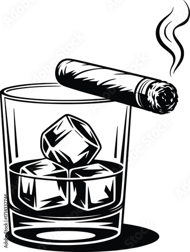Whiskey Glass with Cigar Vector Illustration.