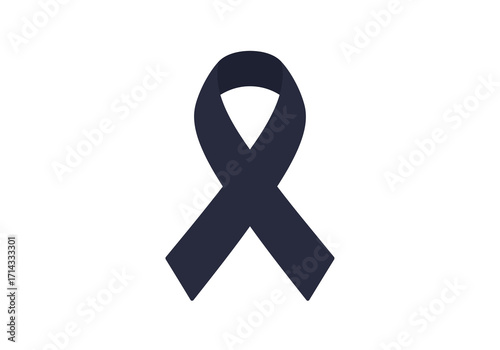 A dark blue ribbon a symbol of mourning is centered on a white background