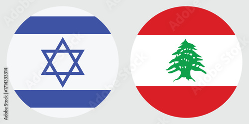 Israel and Lebanon Circular Flags on Grey Background