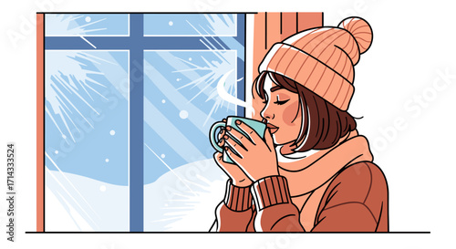 A cozy woman in warm winter clothing sips a hot beverage, enjoying the serene view of a snowy, sunlit landscape through her window.
