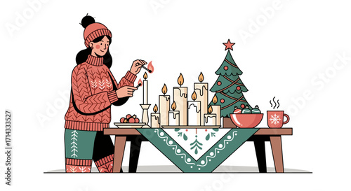 A cozy illustration depicts a woman in winter attire lighting advent candles on a festive table adorned with a small Christmas tree and holiday treats.