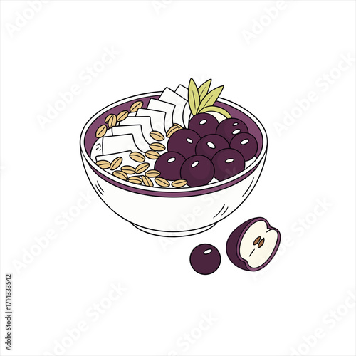 Healthy acai bowl with berries coconut flakes and granola