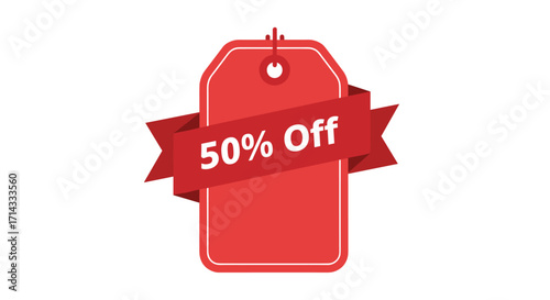 A vibrant red price tag with a prominent "50% Off" banner, perfect for promoting sales, discounts, and special offers in e-commerce and retail.