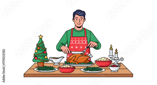 A man in a festive apron carves a roasted turkey, surrounded by delicious side dishes and a decorated Christmas tree, preparing a holiday feast.