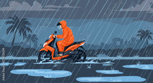 A person rides a scooter through heavy rain and puddles on a stormy day, showcasing resilience during a challenging commute.