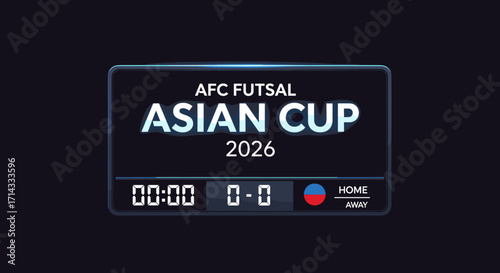 A sleek digital scoreboard displays the AFC Futsal Asian Cup 2026 event details, showing match time and current score in a modern, dark interface.