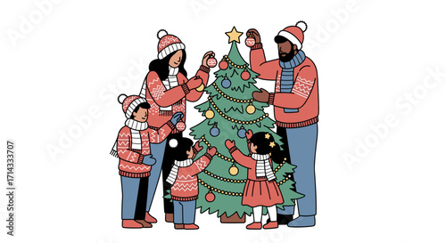 A joyful multiethnic family decorates a festive Christmas tree together, creating cherished holiday memories in a warm, cozy home.