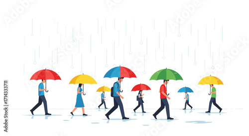 A diverse group of people walks together under colorful umbrellas, protected from the falling rain in a vibrant, modern vector illustration.