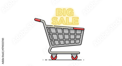 A modern shopping cart illustration with a glowing "Big Sale" sign, symbolizing attractive retail discounts and online store promotions.