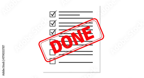 A professional vector illustration depicts a completed checklist with a bold red 'DONE' stamp, symbolizing successful task accomplishment and project finalization.