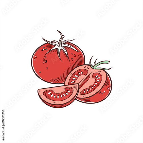 Fresh red tomatoes whole sliced and cut in half with seeds visible