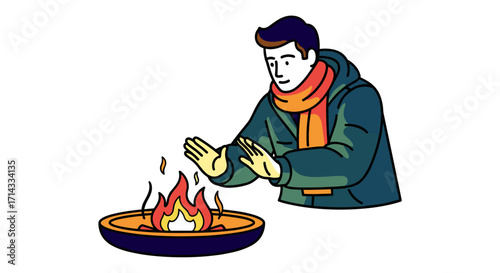 A man in a cozy jacket and scarf finds solace, warming his hands over a small, glowing outdoor fire pit, illustrating a moment of relief from chilly weather.