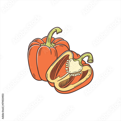 Illustration of a whole and halved orange bell pepper with seeds