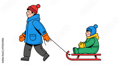 An adult cheerfully pulls a young child on a classic red sled, embodying the simple pleasures of winter activities and family bonding.
