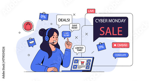 A customer service agent navigates online deals and promotions, assisting shoppers during a bustling Cyber Monday sale event.