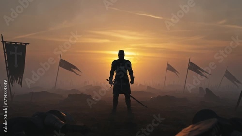 Knight standing victorious at sunset in battle scene