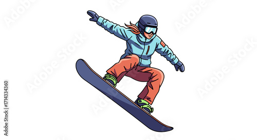 A dynamic illustration captures a female snowboarder in mid-air, performing an exciting jump with precision and athletic grace against a clean background.