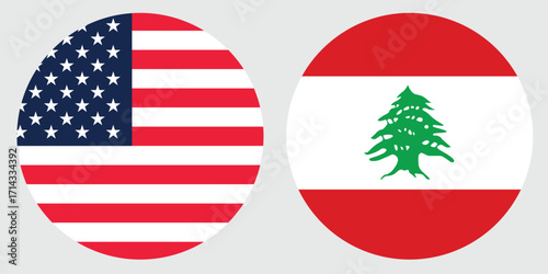 United States and Lebanon Circular Flags on Grey Background
