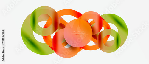 Abstract colorful circles overlap, creating dynamic visual effect. Gradient shades blend smoothly, forming modern design element.