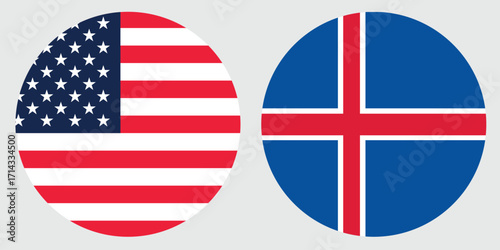 United States and Iceland Circular Flags on Grey Background