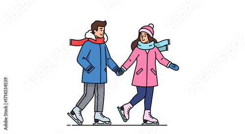 A happy young couple enjoys a delightful winter ice skating date, holding hands and gracefully gliding together in a charming modern vector illustration.