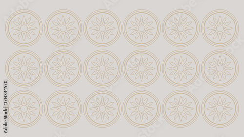 A repetitive pattern of round floral designs arranged in rows on a light background surface view top