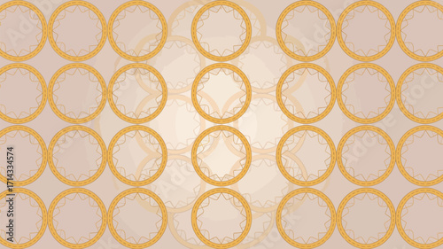 A patterned arrangement of condoms with a golden ring on a light beige background in a grid format
