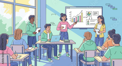 Students in a bright, modern classroom actively participate in a dynamic presentation, discussing business development and analyzing growth data on a large screen.