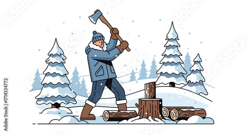 Man chops wood with axe in snowy forest during winter, preparing firewood for cold season.